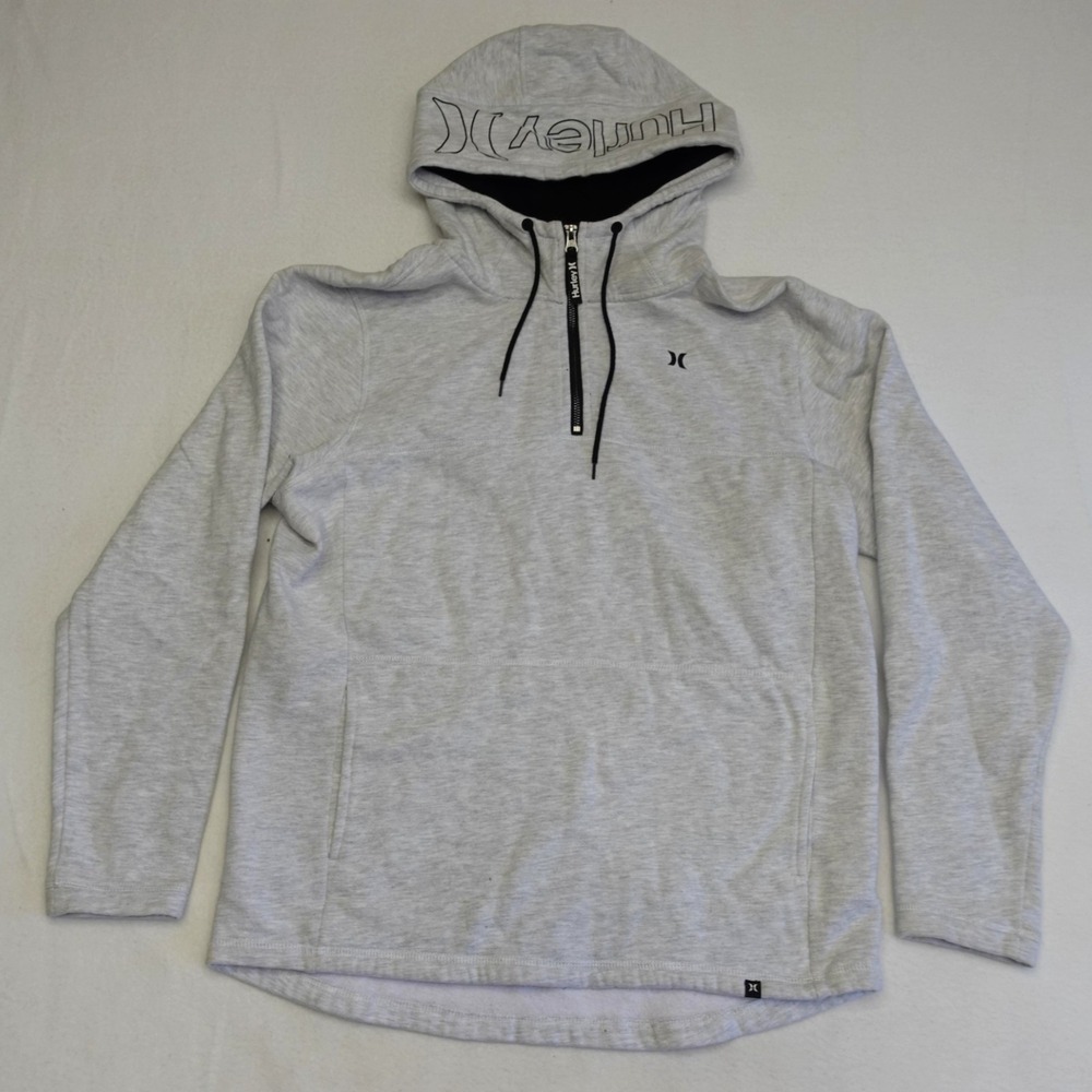 Hurley Hoodie Mens L Gray Fleece 1/4 Zip Pullover Hooded Sweatshirt Logo Buckle